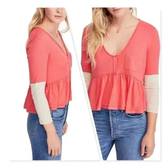 Free People Heart Of Mine Peplum Top sz Large in Camelia Combo Red layered - Picture 9 of 9
